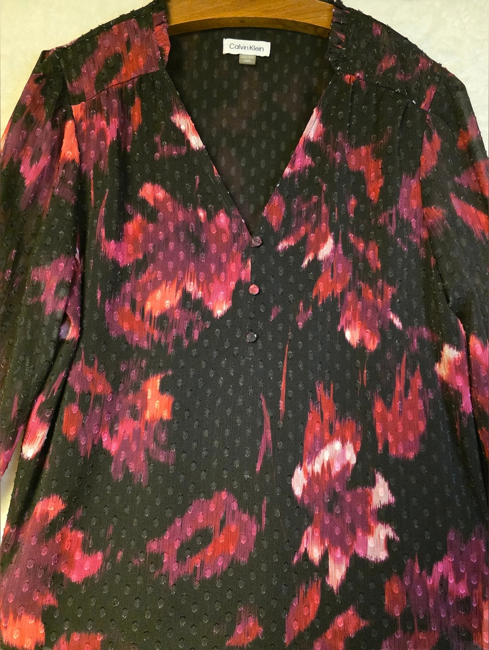 Calvin Klein Black Puff Shoulder Blouse with Pink and Red Abstract Floral Print